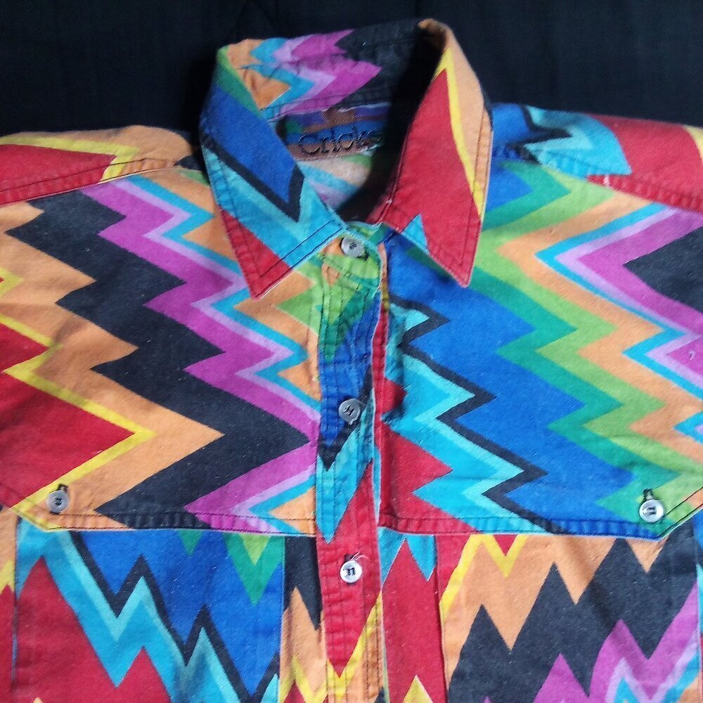 Vintage Cricket Sleeveless Rainbow Zig Zag Western Button Shirt
